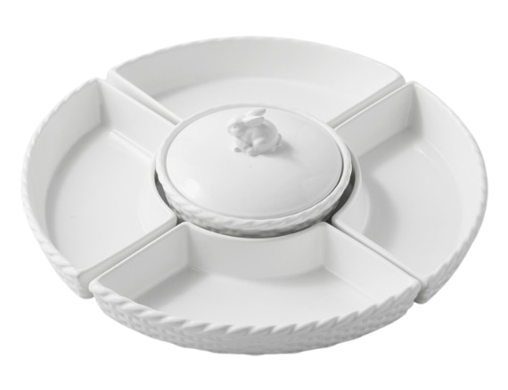 White ceramic serving dish with divided sections and a center lidded compartment topped with a sculpted bunny, perfect for snacks or appetizers.