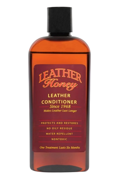 Leather Honey conditioner in an amber bottle, designed to protect, restore, and extend the life of leather without oily residue.