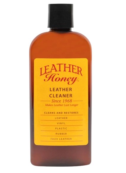 Leather Honey leather cleaner in a brown bottle with yellow label, formulated to clean and restore leather, vinyl, and faux leather surfaces.