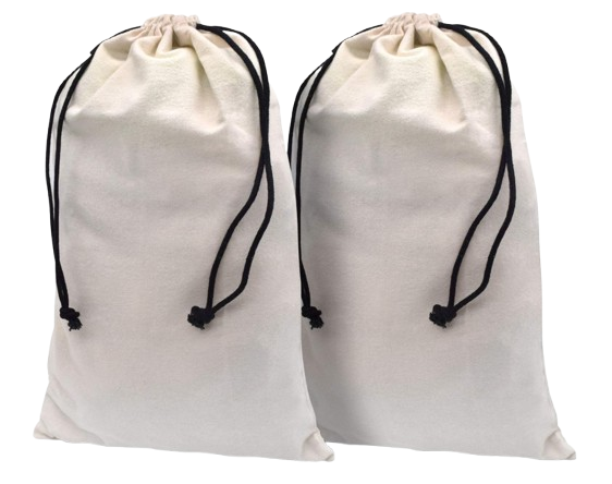 Set of two beige canvas drawstring storage bags with black cords, ideal for storing shoes or accessories.
