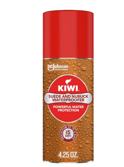 Kiwi spray for leather and suede protection, designed to repel water and stains while drying clear and odorless.