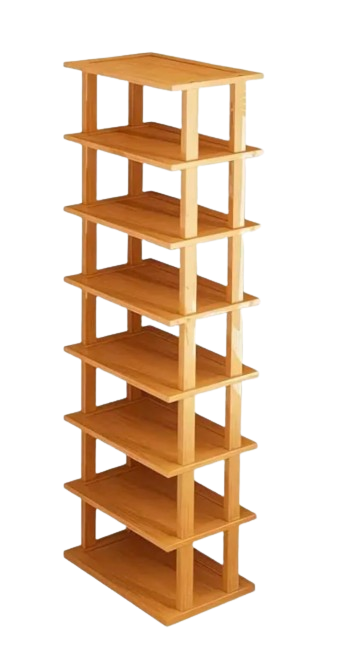 Tall wooden shoe rack with multiple open shelves, designed for vertical storage and organizing shoes in small spaces.
