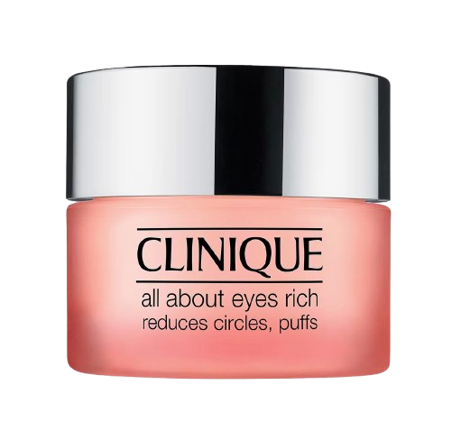 Pink jar of Clinique All About Eyes Rich eye cream designed to reduce the appearance of dark circles, puffiness, and fine lines.