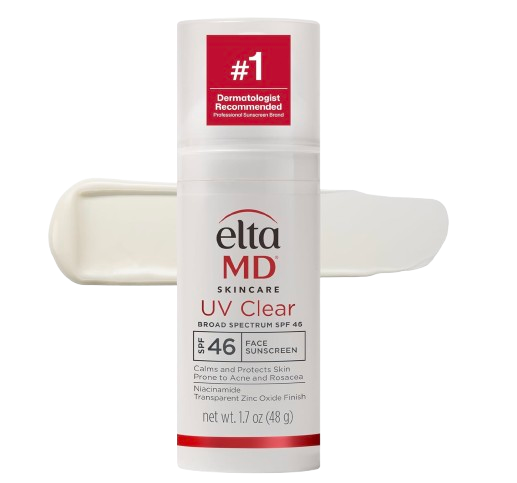 White pump bottle of EltaMD UV Clear SPF 46 sunscreen with lightweight formula, ideal for sensitive or acne-prone skin.