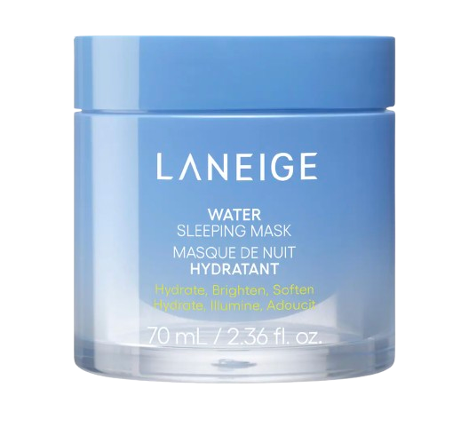 Blue jar of Laneige Water Sleeping Mask, an overnight hydrating treatment designed to moisturize, brighten, and soften skin.