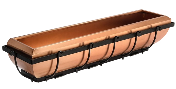 Copper window box planter with a black wrought iron frame, designed for mounting on windows or railings to display seasonal flowers.