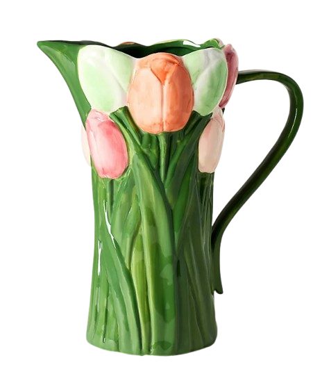 Hand-painted stoneware pitcher with a sculpted tulip design in soft pink and orange tones, featuring a green textured base and curved handle for a charming, spring-inspired look.