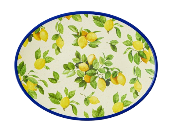 Oval melamine platter with a vibrant lemon and green leaf pattern on a cream background, finished with a blue rim for a fresh, Mediterranean-inspired look.