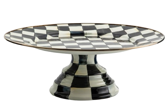 Black and white checkered enamel cake stand with a pedestal base, featuring MacKenzie-Childsβ signature Courtly Check pattern for a bold, decorative presentation.