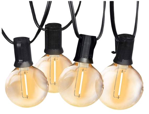 Outdoor string lights with round G40 bulbs on a black cord, designed to cast a warm glow for patios and backyard gatherings.
