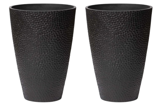 Set of two tall black outdoor planters with a textured finish, ideal for displaying plants on a patio or entryway.