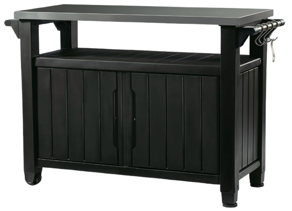 Black outdoor prep table with storage cabinet, stainless-style top, and side hooks, designed for grilling and patio entertaining.