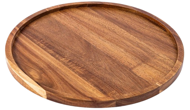 Round acacia wood serving tray with a raised edge, featuring rich natural grain for serving drinks or appetizers.