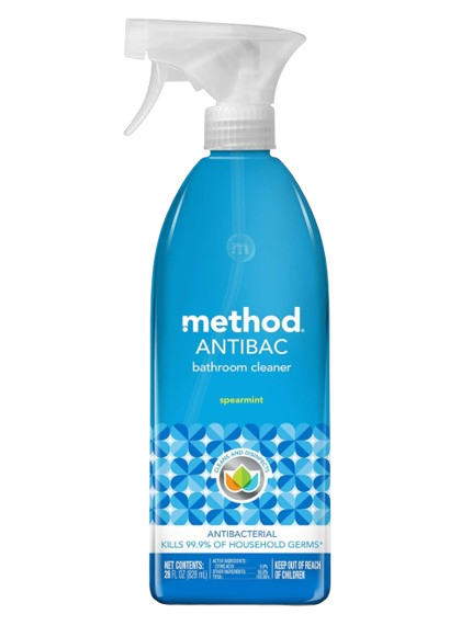 Blue spray bottle of Method Antibac bathroom cleaner with a white trigger nozzle and geometric label design, labeled spearmint scent.