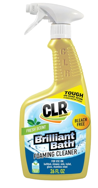Yellow spray bottle of CLR Brilliant Bath foaming cleaner with white trigger and blue label, designed for removing soap scum and hard water stains.