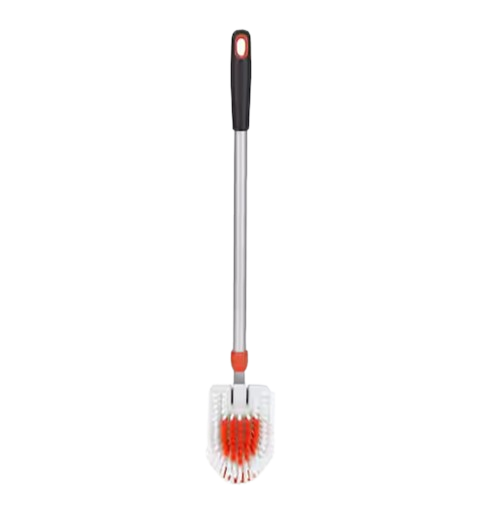 Slim toilet cleaning brush with a long silver handle and white-and-red bristle head, designed for deep cleaning around the bowl.