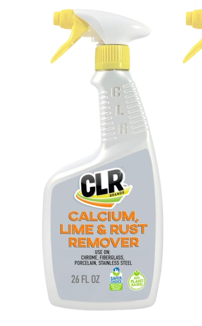 Gray spray bottle of CLR calcium, lime, and rust remover with yellow trigger, labeled bleach-free and suitable for multiple bathroom surfaces.