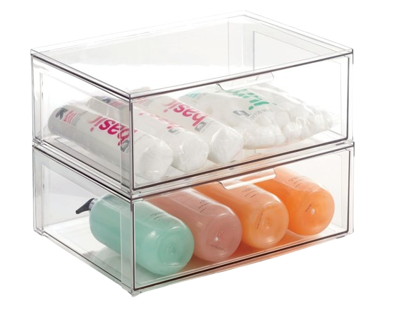Two-tier clear acrylic storage drawers holding bottles and toiletries, designed for organizing bathroom or vanity essentials.