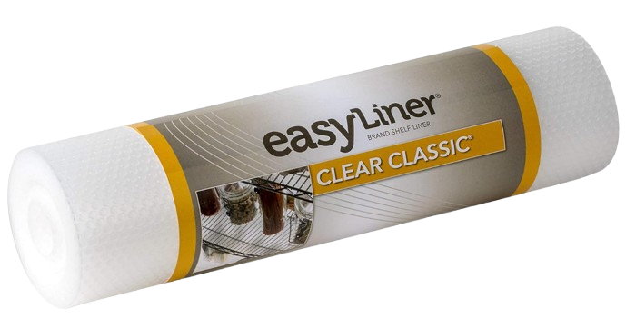 Roll of clear textured shelf liner with non-slip grip, used for lining drawers and shelves to protect surfaces.
