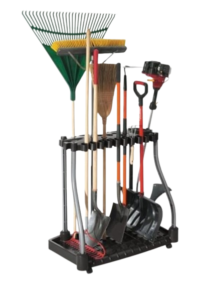 Freestanding outdoor tool organizer that neatly stores rakes, shovels, brooms, and long-handled yard tools in one compact space-saving rack.