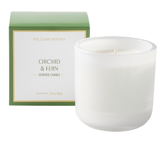 White glass candle with single wick beside a green Williams Sonoma box labeled Orchid & Fern, displayed on a marble surface.