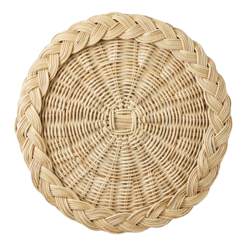 Round woven rattan charger with braided edge detail in a natural finish.