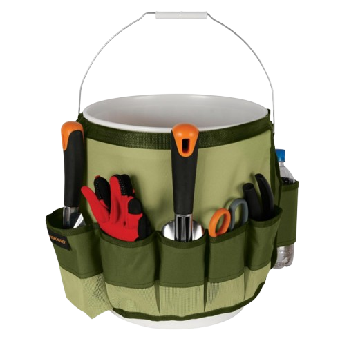 Portable bucket organizer with multiple exterior pockets designed to hold gloves, hand tools, pruners, and water bottles while you garden.