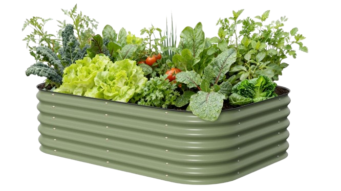 Modular raised garden bed made from durable coated metal panels that can be configured six ways for vegetables, herbs, or flowers.
