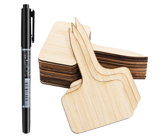 Natural bamboo garden markers with included pen for labeling herbs, seedlings, and vegetable rows in raised beds or containers.