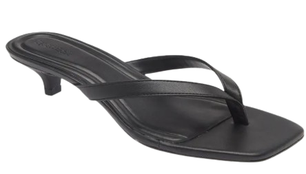 Open Edit Tori kitten heel sandal in black with minimalist thong-style straps, square toe, and low 1.5-inch heel for a sleek, modern summer look.