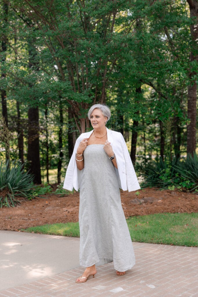 blue pinstripe strapless linen maxi dress for women over 50 — three ways to layer