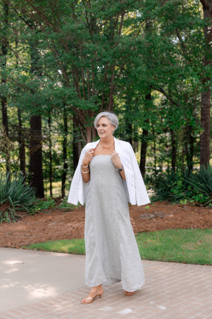 Quince linen striped strapless maxi dress for women over 50 — beach wedding outfit with white linen blazer