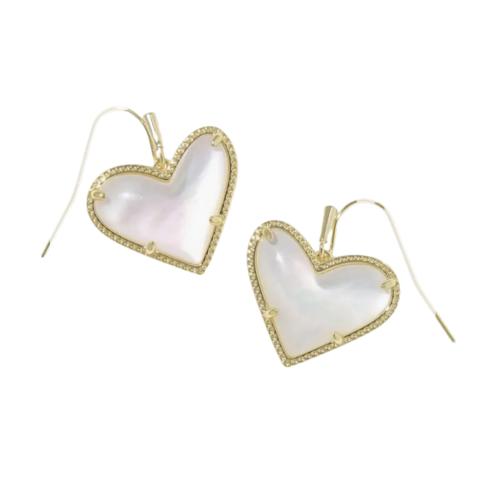 Kendra Scott Ari Heart Short Drop Earrings with luminous mother-of-pearl heart charms framed in gold-tone detailing.