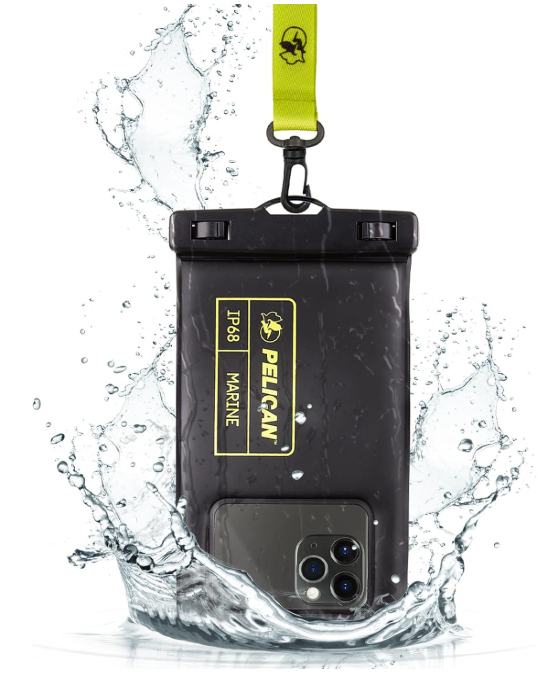 Pelican Marine waterproof phone pouch in black with lime green strap shown splashing through water while protecting a smartphone.