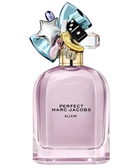 Marc Jacobs Perfect Elixir perfume bottle in soft pink glass with gold neck and decorative charm cap featuring colorful shapes, floral fragrance with amber and vanilla notes.