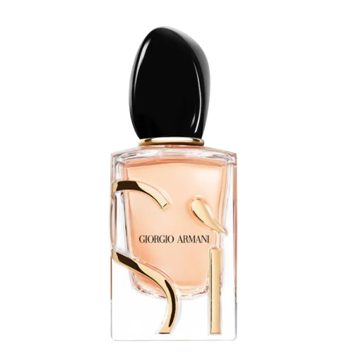Armani Beauty Sì Eau de Parfum bottle with blush-toned liquid, black rounded cap, and gold accents, a fruity floral fragrance featuring blackcurrant, rose, and warm vanilla notes.