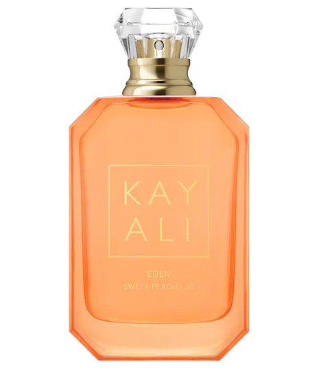 KAYALI Eden Sweet Peach 35 Eau de Parfum in peach-colored glass bottle with gold neck and faceted cap, fruity floral fragrance with notes of peach, red apple, and frangipani.