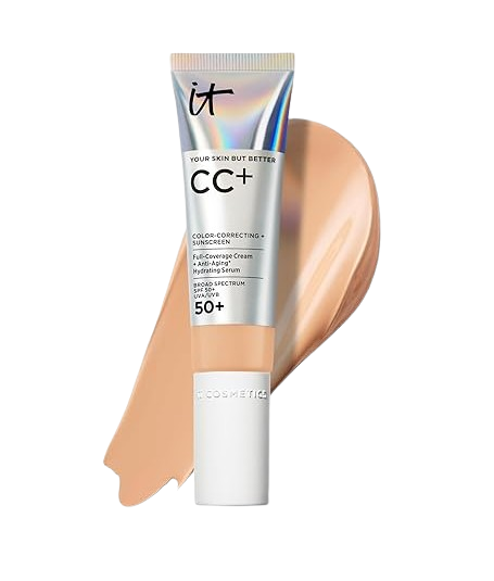 IT Cosmetics Your Skin But Better CC+ Cream with SPF 50+ and full-coverage color-correcting formula shown with a swipe of foundation on a white background.