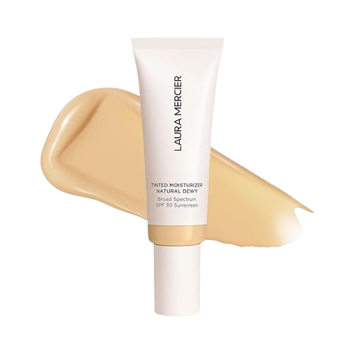 Laura Mercier Tinted Moisturizer Natural Dewy with SPF 30 in a soft beige tube displayed over a creamy foundation swatch.