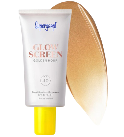 Supergoop! Glowscreen SPF 40 in Golden Hour shade with radiant bronze shimmer swatch for a glowy sunscreen primer effect.