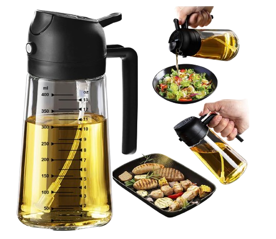 TrendPlain glass olive oil sprayer with black handle and spray top filled with golden olive oil, featuring measurement markings on the bottle for grilling, salads, and air fryer cooking.