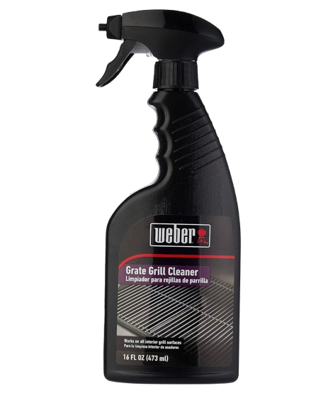Black Weber Outdoor Grill Cleaner spray bottle with trigger nozzle and grill grate label designed for cleaning and degreasing outdoor grills and cooking surfaces.
