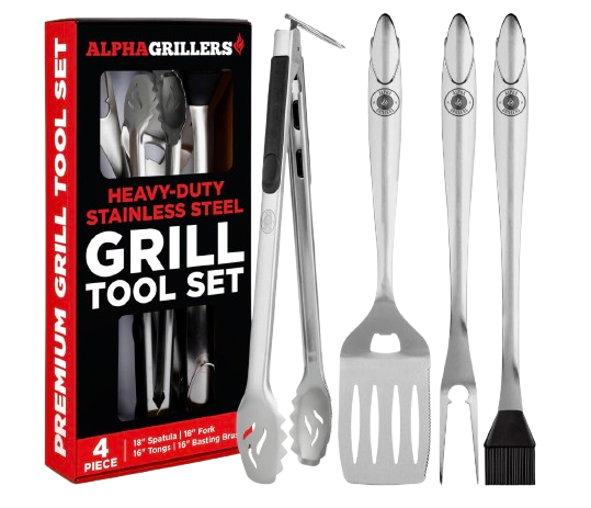 Alpha Grillers stainless steel grilling tool set featuring metal tongs, spatula, fork, and basting brush displayed beside black and red gift box packaging.