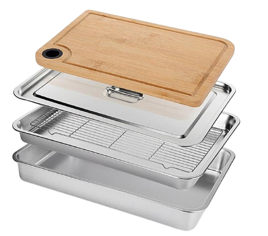 Stackable stainless steel food prep tray set with cooling rack, lid, and bamboo cutting board designed for grilling prep and outdoor cooking organization.