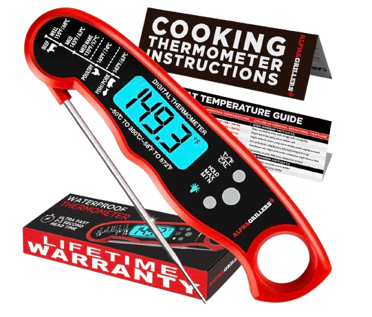 Red Alpha Grillers digital meat thermometer with stainless steel probe and blue backlit display shown beside cooking temperature guides and product packaging.