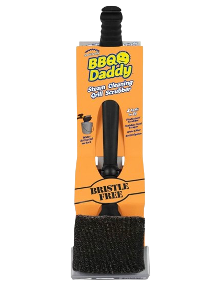 Scrub Daddy BBQ Daddy bristle-free grill brush with black handle and steam-cleaning scrubber head displayed in orange retail packaging.