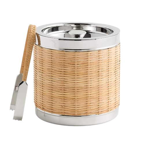 Amici wicker-wrapped ice bucket with stainless steel lid and matching metal ice tongs against a white background.