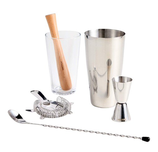 Houdini five-piece stainless steel bar tool set with shaker, jigger, mixing spoon, strainer, muddler, and mixing glass on a white background.