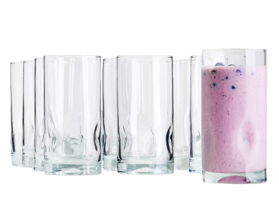 Set of clear Impressions cooler glasses with one filled with a pink berry smoothie and blueberries against a white background.
