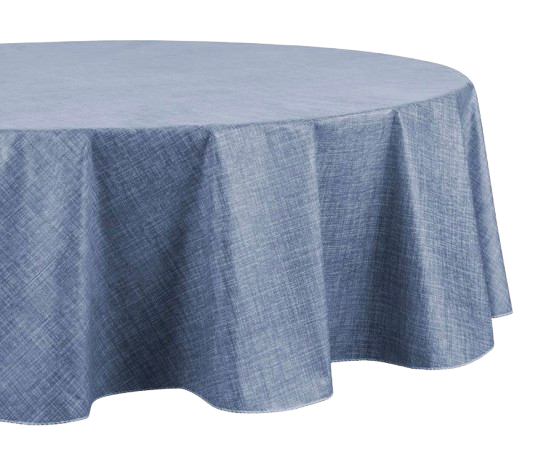 Round blue textured tablecloth with a soft woven look designed to add casual elegance to indoor or outdoor dining tables.